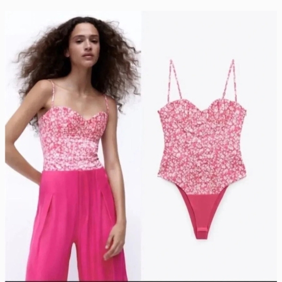 Zara Hot Pink Floral Bustier Style Body Suit Size Large - Picture 1 of 14
